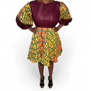 Handmade African Ankara Dress Puff Sleeve Fit & Flare Yellow Red Print Large